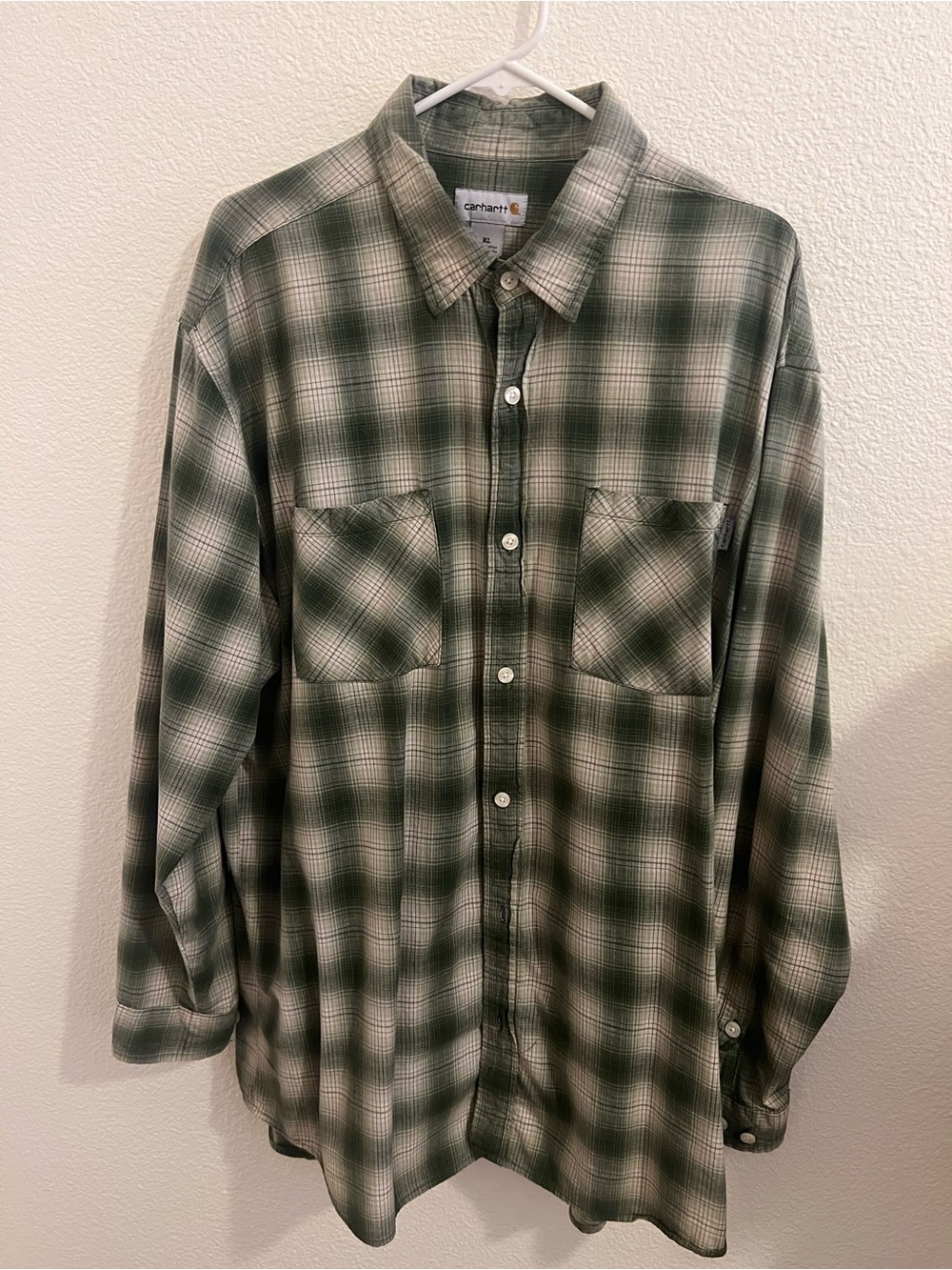 Carhartt Green and White Plaid Long-Sleeve Button-Up Shirt